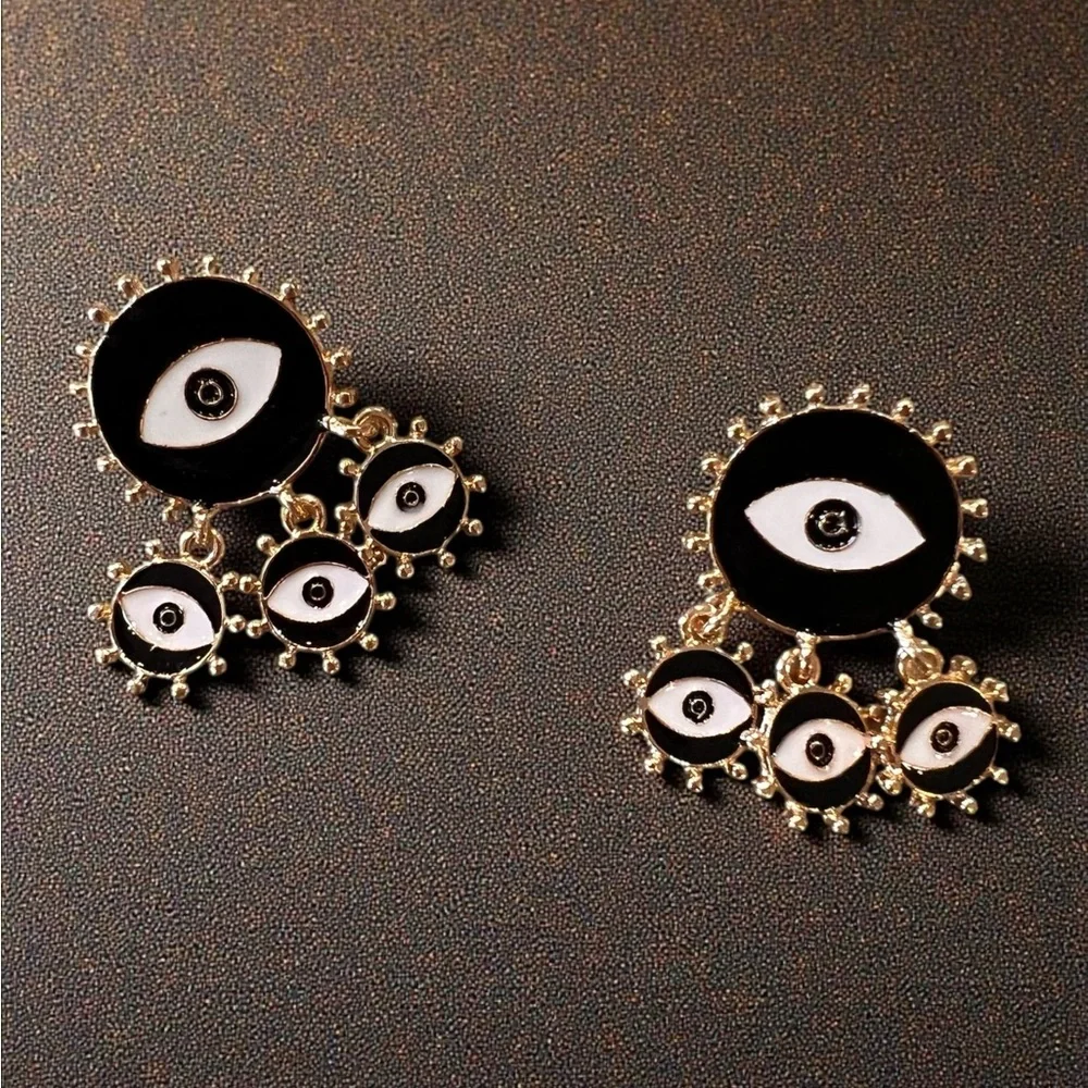 Chic Black and Gold Toned Evil Eye Dangling Earrings